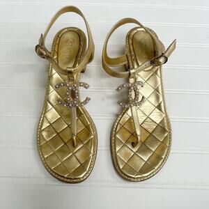 Chanel Gold Quilted CC Pearl Thong Sandals Metallic Lambskin 38.5